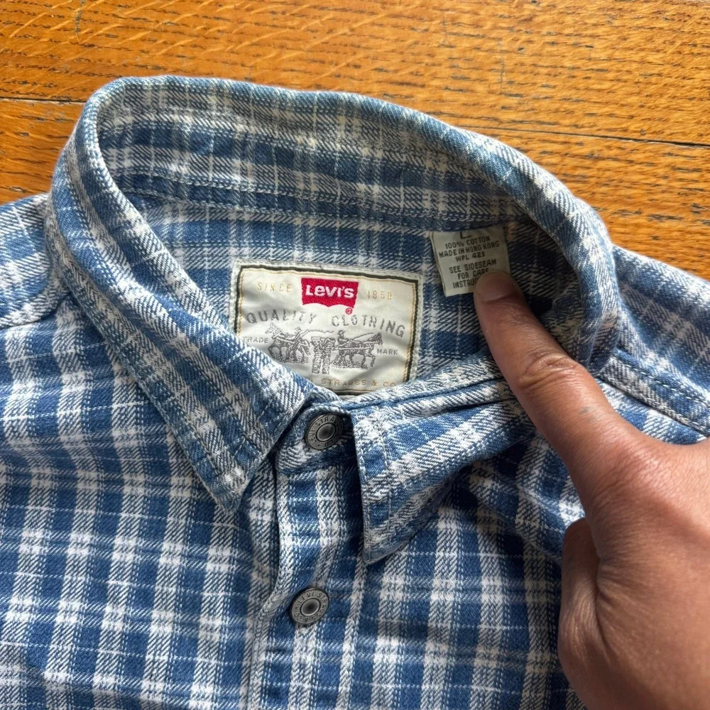 Levis Mens Blue White Plaid Cotton Flannel Button Down Shirt Long Sleeve Size L‎